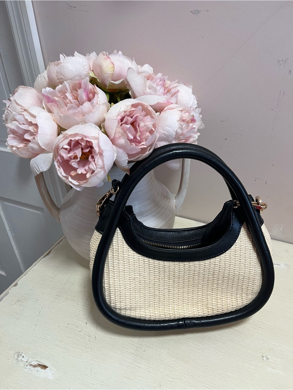 a new day Black & Cream Woven Top-Handle Mini Bag